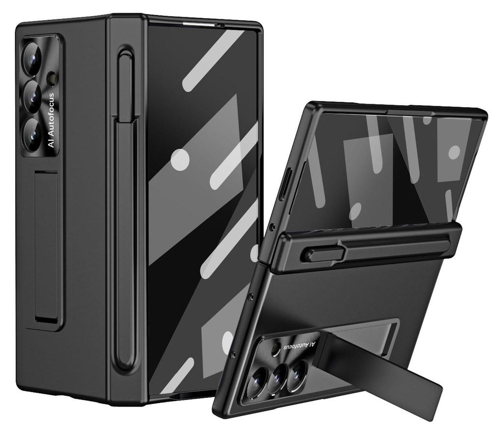A black phone case for a foldable phone is shown in two configurations: closed and open with a stand. The case has a patterned design on the back.
