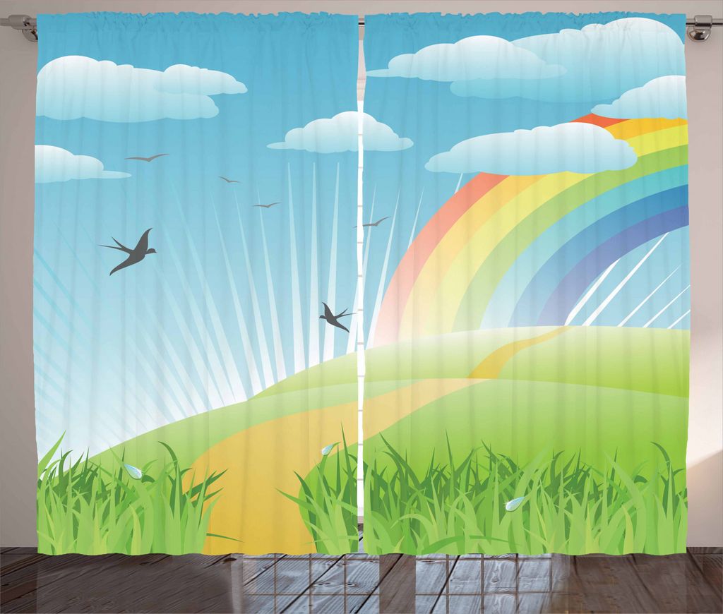 ABAKUHAUS Gras Rustikaler Gardine, Vögel und Regenbogen-Streifen, Schlafzimmer Kräuselband Vorhang mit Schlaufen und Haken, 280 x 225 cm, Mehrfarbig