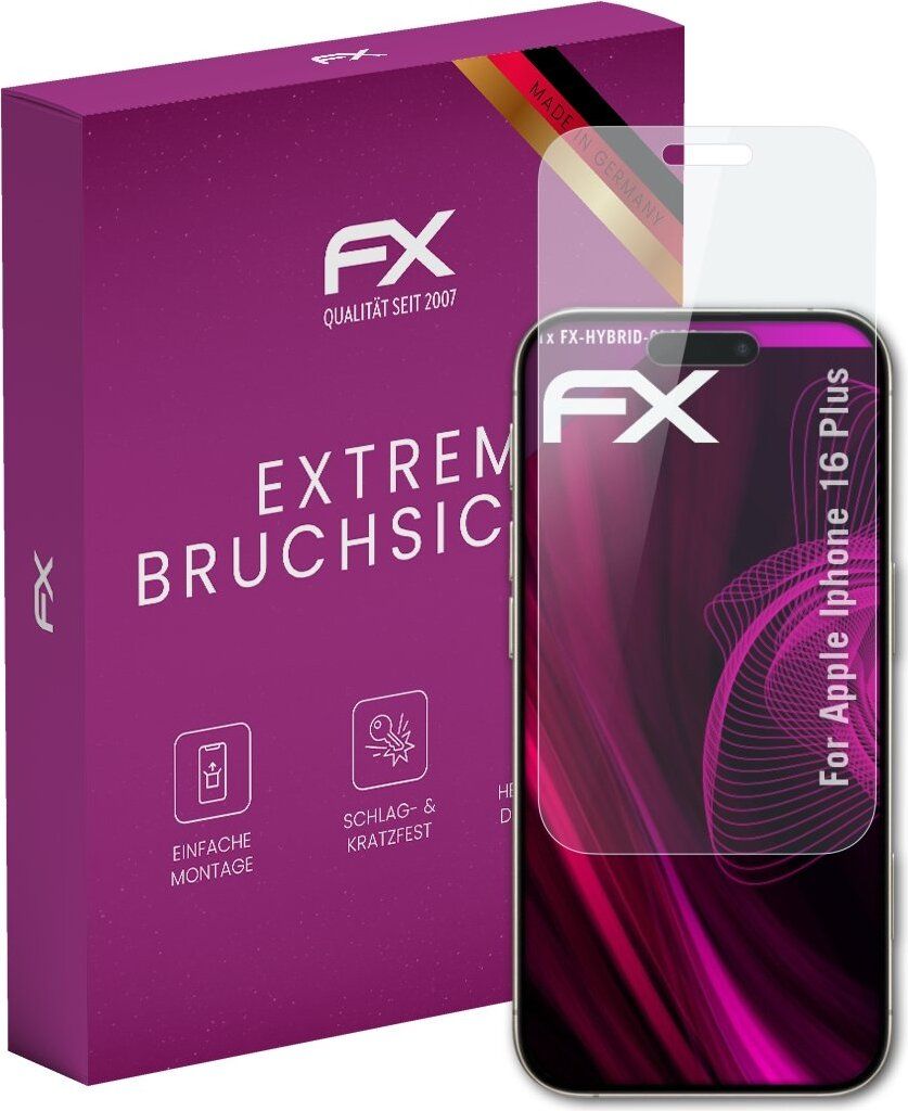 atFoliX FX-Hybrid-Glass Displayfolie kompatibel mit Apple iPhone 16 Plus Glasfolie