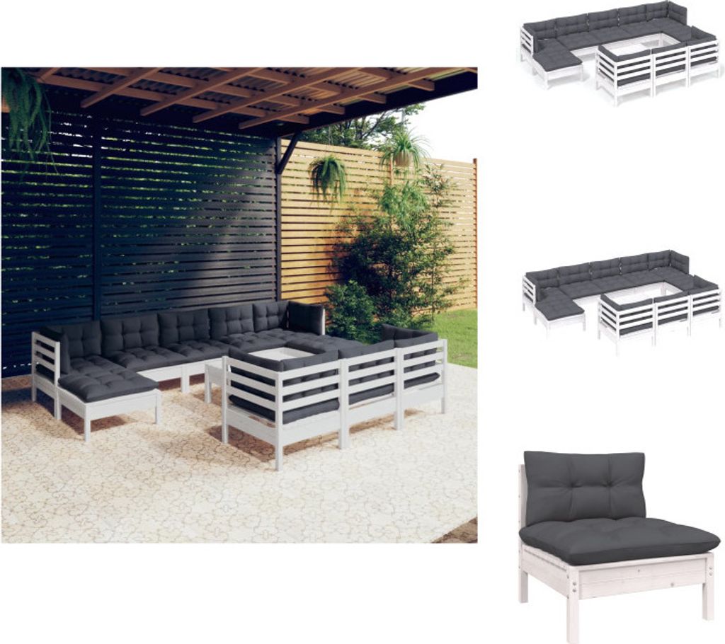 vidaXL 11-tlg. Garten-Lounge-Set mit Kissen Weiß Kiefer Massivholz - Gartenmöbel-Sets