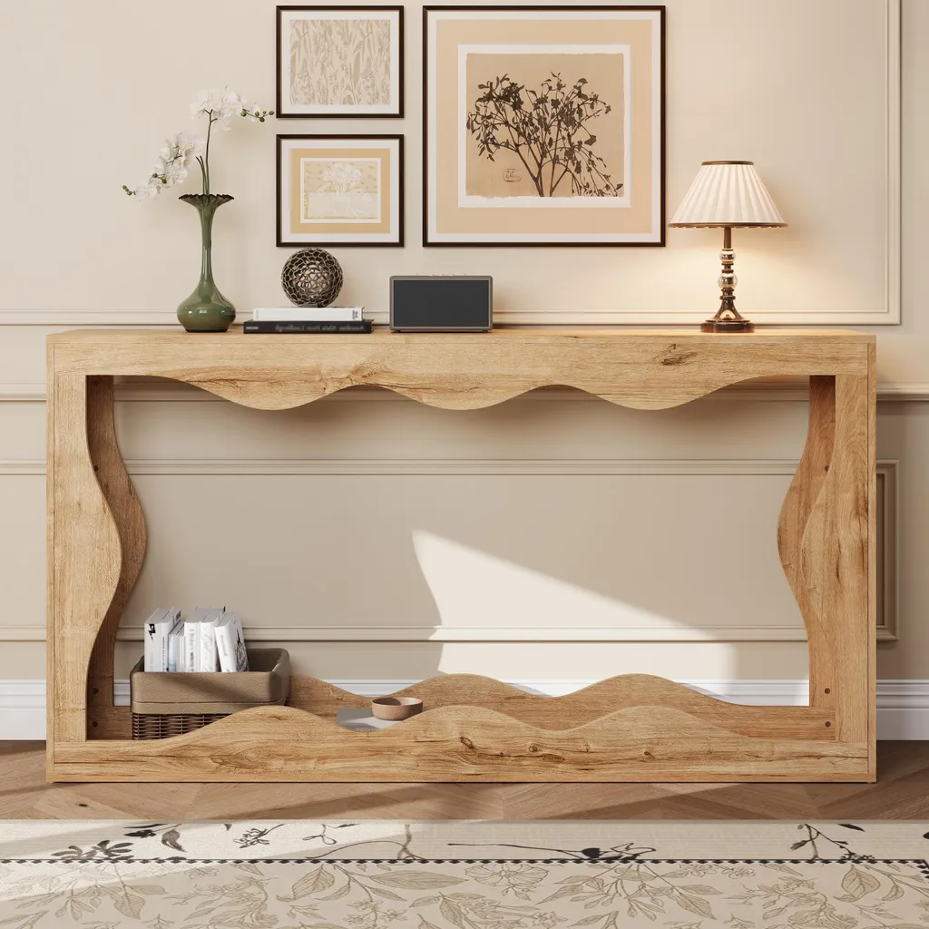 Table console Merax à bord ondulé, console d'entrée étroite aspect bois