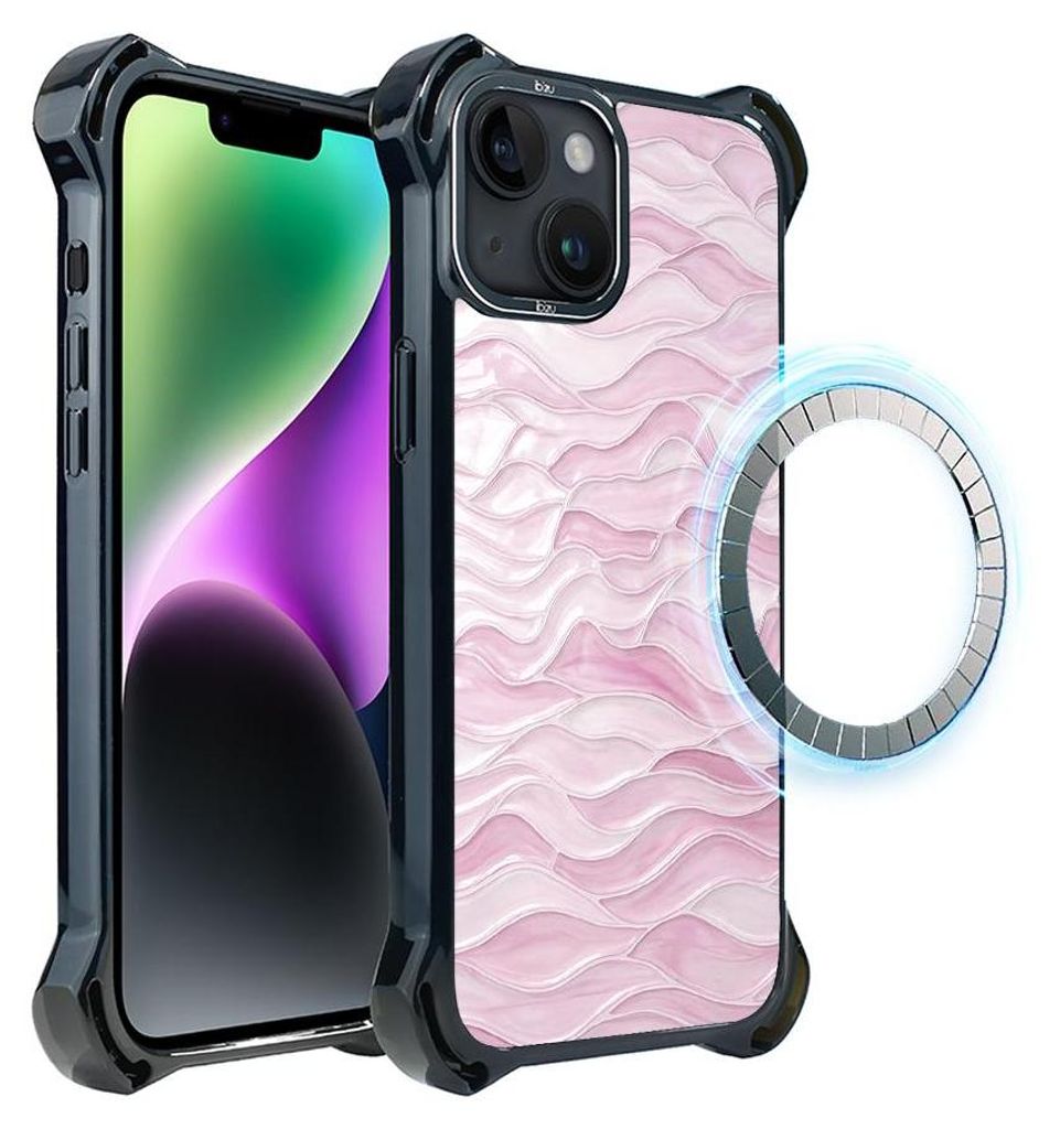 Schutzhülle für das iPhone 14 Plus, MagSafe-kompatibel, verstärkte Ecken, schwarz, rosa Wellen