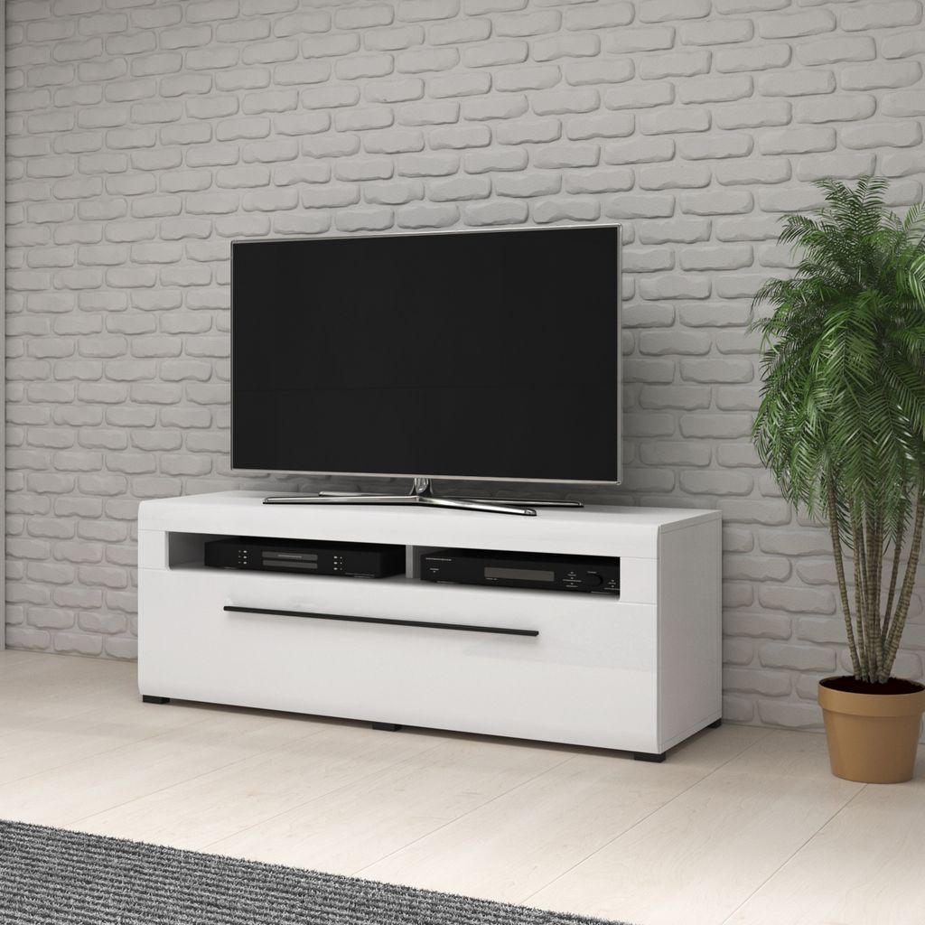 Masseno TV-Schrank TULLIA 140 cm Fernsehschrank mit 2 Schubladen TV-Lowboard für Wohnzimmer Modern 140x50x52 cm Weiß / Weiß