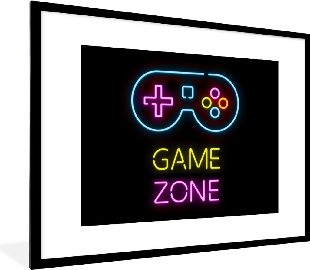 MuchoWow Gerahmtes Poster Controller - Spiel - Neon - Schwarz - Zitate - Spielzone 80x60 cm - Poster mit Schwarzem Bilderrahmen Wandposter Rahmen...