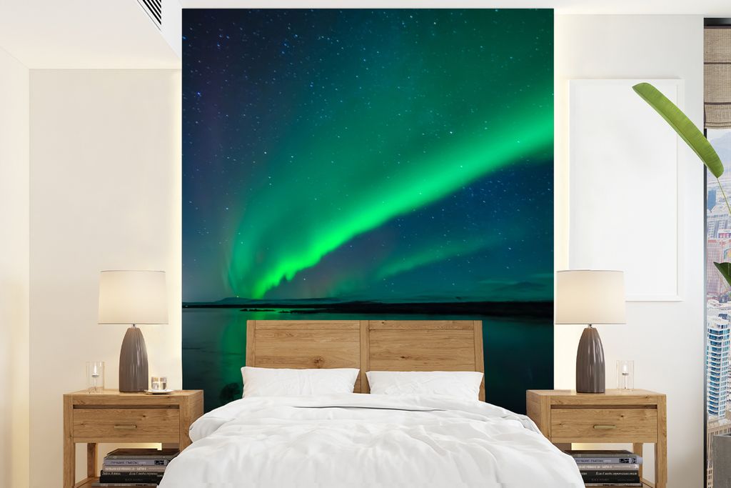 MuchoWow Fototapete für Wohnzimmer oder Schlafzimmer Wandtapete Vinyl Motivtapete Nordlicht - Island - Sternenhimmel - Grün - Wasser - 190x260 ...
