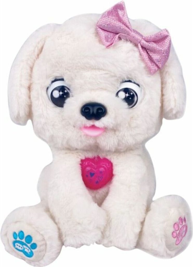 A white plush toy dog with a pink bow and a pink heart on its chest, sitting on a white background.