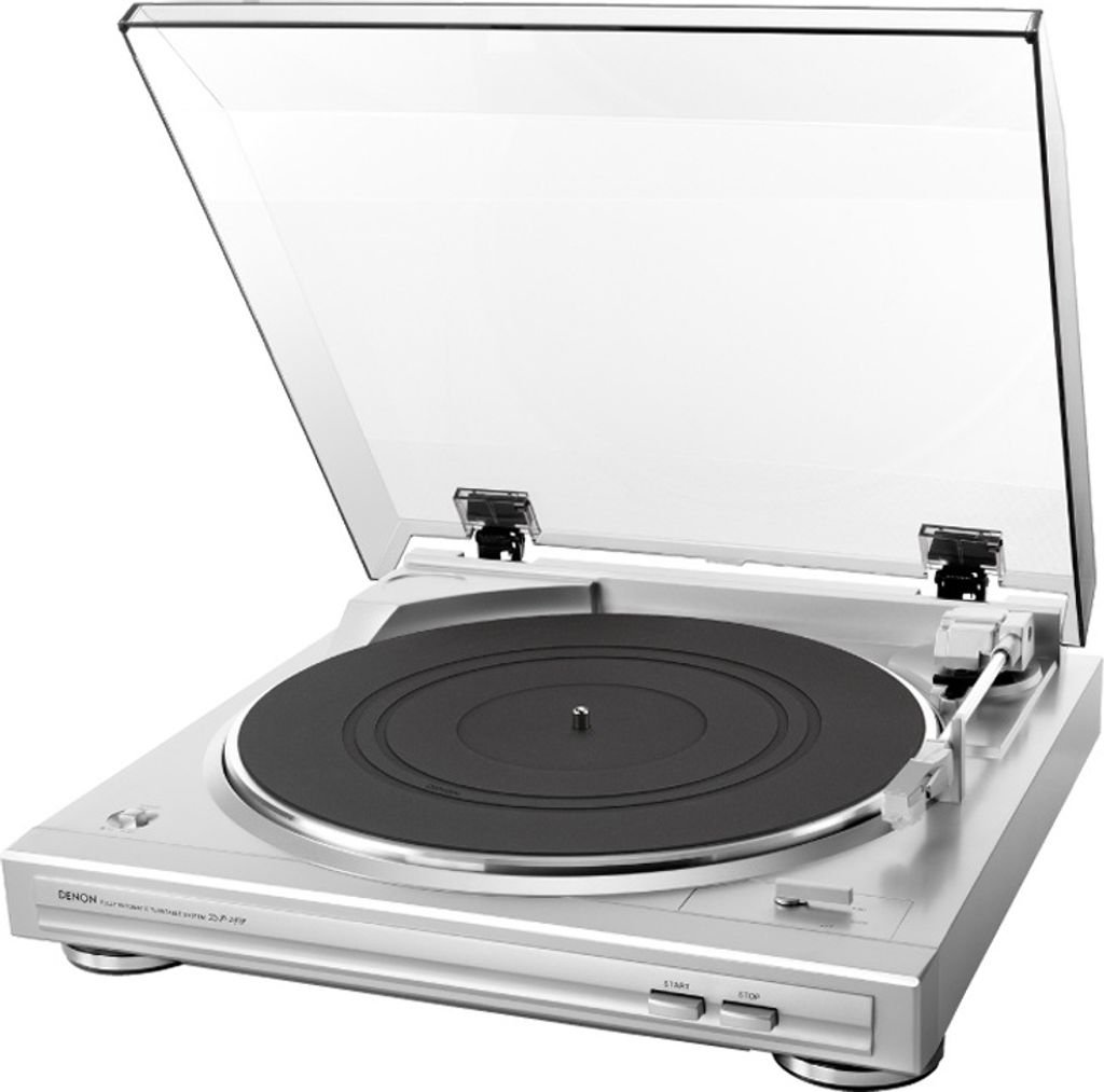 A silver Denon DP-29F turntable with its lid open, shown against a white background.
