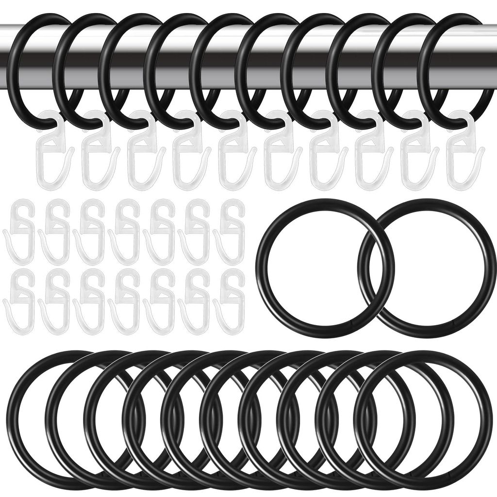 40 Metall-Gardinenringe (30 mm), Gardinenringe mit 80 Kunststoff-Gardinenhaken, schwarze Gardinenhaken, transparente Gardinenhaken, Haken für Falt...