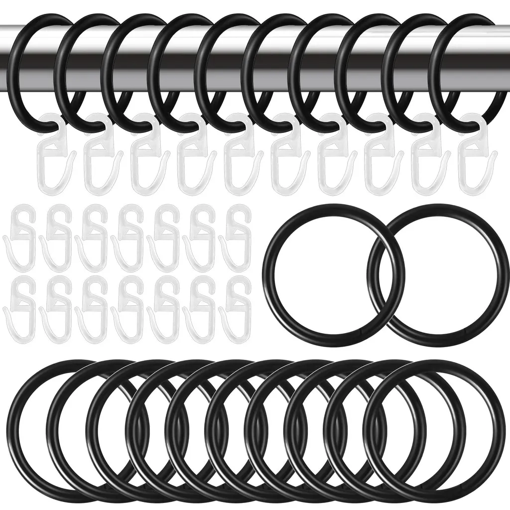 40 Anneaux Rideaux Métal 30mm avec 80 Crochets Noirs et Transparents