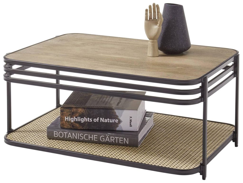 Couchtisch BOMI Platte aus Mangoholz Metallgestell mit Geflecht