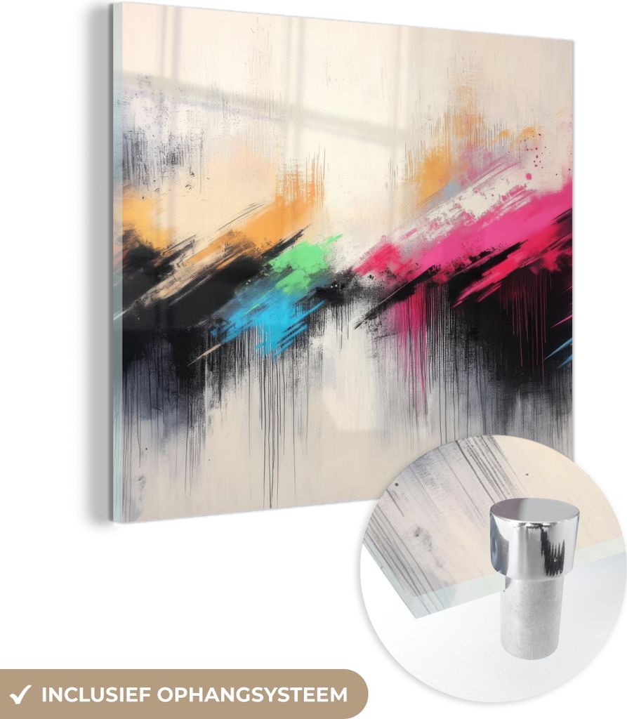 MuchoWow Glasbilder - Bilder auf Wandbild - Foto auf Glas Dynamisch - Abstrakt - Farbenfroh - Schwarz 40x40 cm Wanddekoration aus Glas - Acrylglasb...