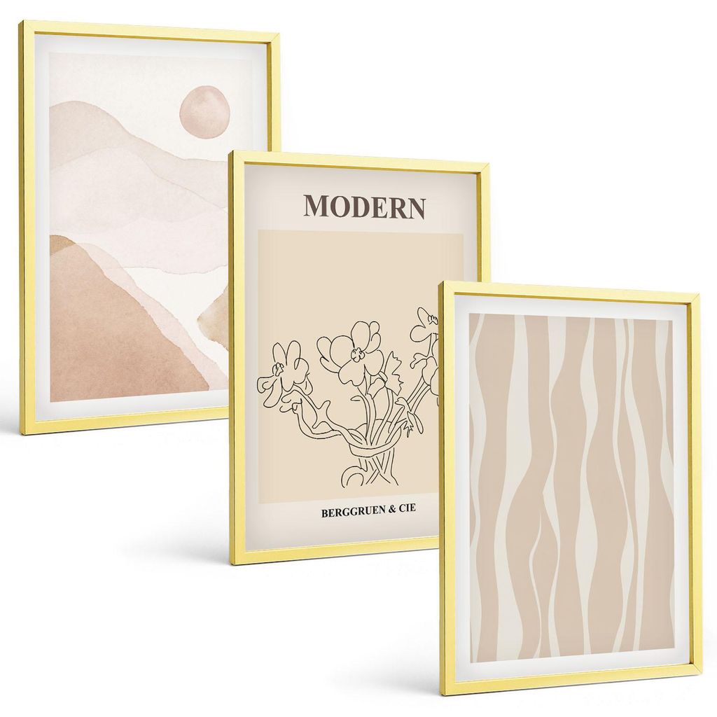 Bilder Set 3-teilig im Goldrahmen Rahmen – Wandbilder 3 Stück – gerahmte Poster für Wohnzimmer, Schlafzimmer und Flur – 40x60 cm – Abstra...