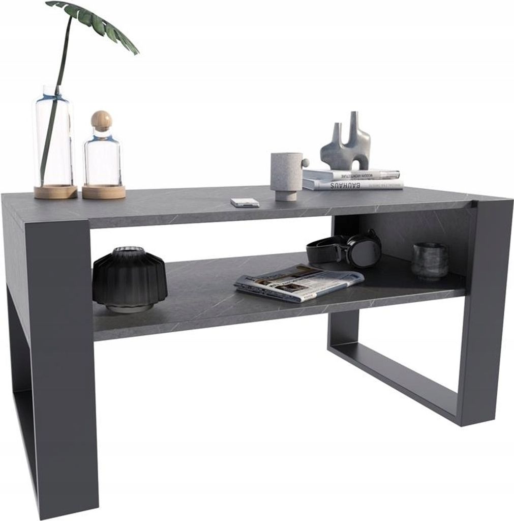 MATKAM Couchtisch KAJA H50 x B100 x T53,6 cm Loft Retro, offene Ablage unter der Tischplatte, Kufenbeine (Naturstein)