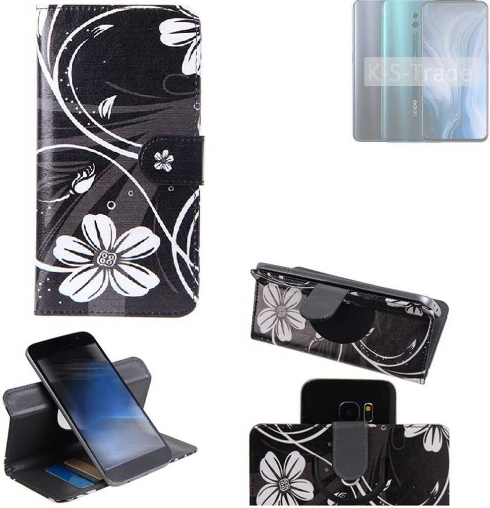 K-S-Trade Schutzhülle Handyhülle kompatibel mit Oppo Reno10 Pro+ Global Hülle 360° Wallet Case “Flowers“ Klapphülle Hülle schwarz-weiß 1x