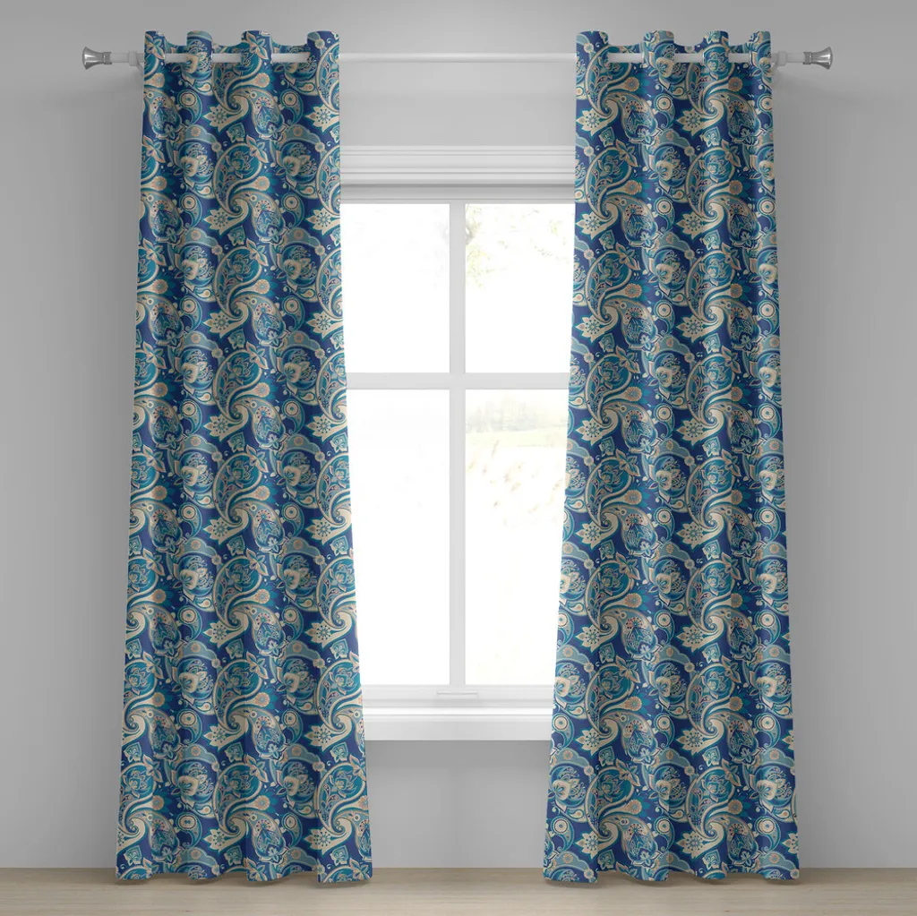 Rideau imprimé floral asiatisque 280 cm avec œillets bleu et beige