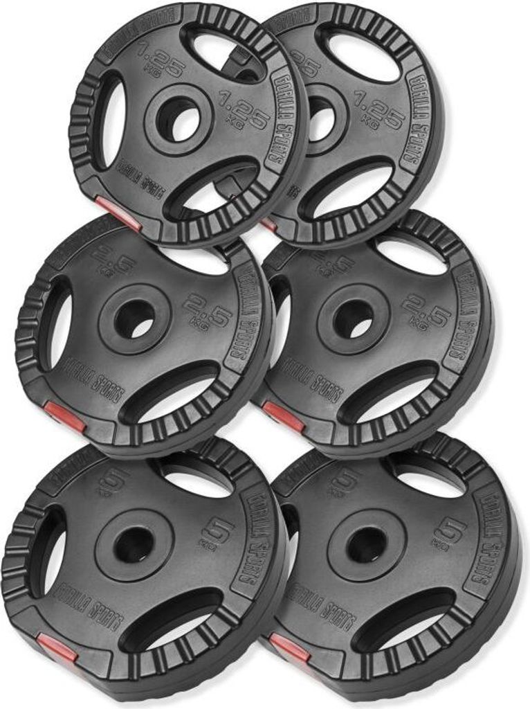 A set of weight plates arranged in a pyramid shape.