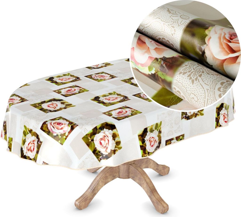 Tischdecke Wachstuch MIMOSA Blumen Beige Robust Wasserabweisend Oval Breite 140 cm Länge 200 cm