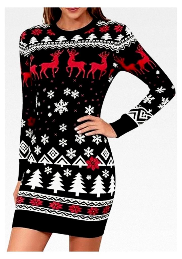 Damen Weihnachtskleid für Winterfeiern, elegantes Blusenkleid mit Rundhalsausschnitt, Minikleid für Weihnachten, Strickpullover, Freizeit-Wickelk...