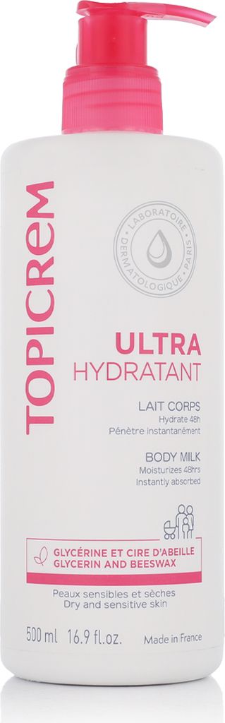 A white bottle of Topicrem Ultra-Moisturizing Body Milk with a pink pump dispenser.