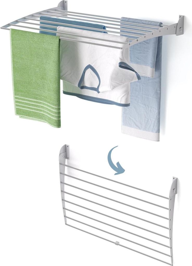 A wall-mounted drying rack shown in two states: extended with laundry and folded.