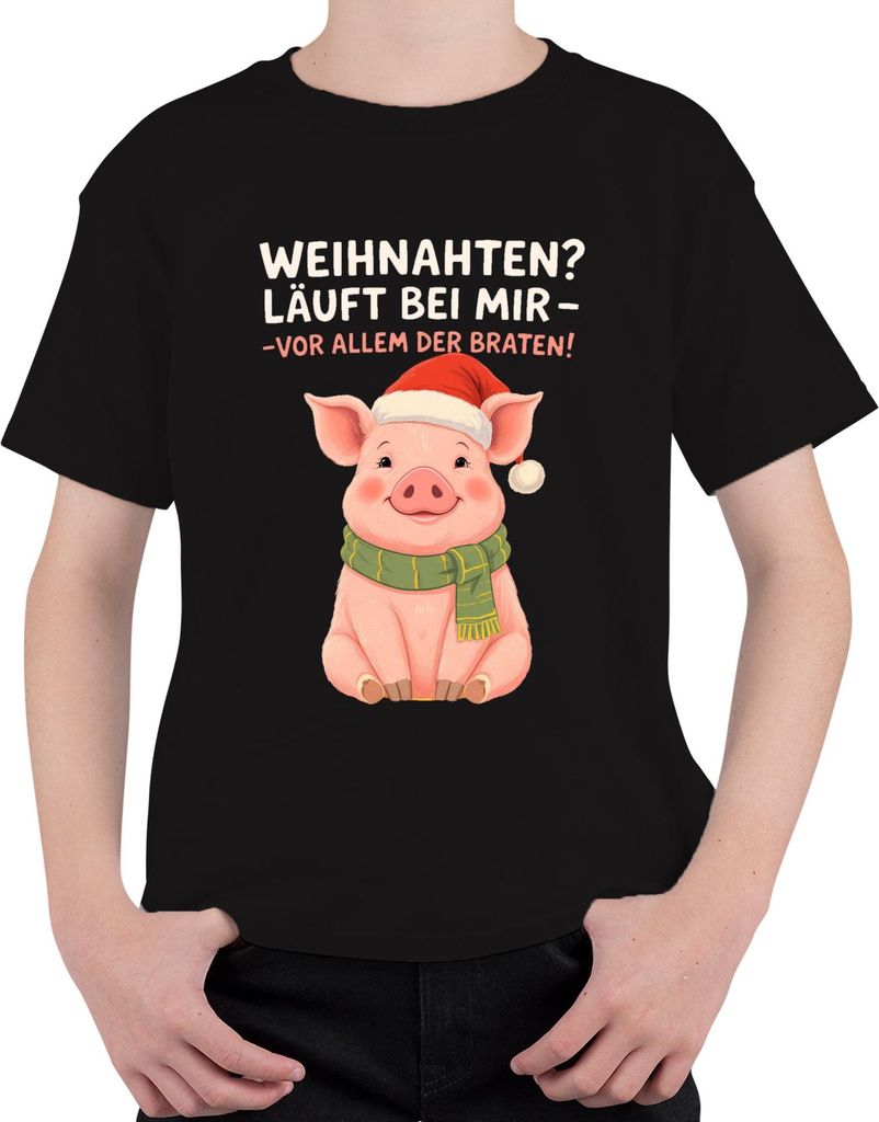 Weihnachten Schwein Ferkel Braten niedlich lustig Geschenk Santa Uni Kinder T-Shirt, Schwarz, 104