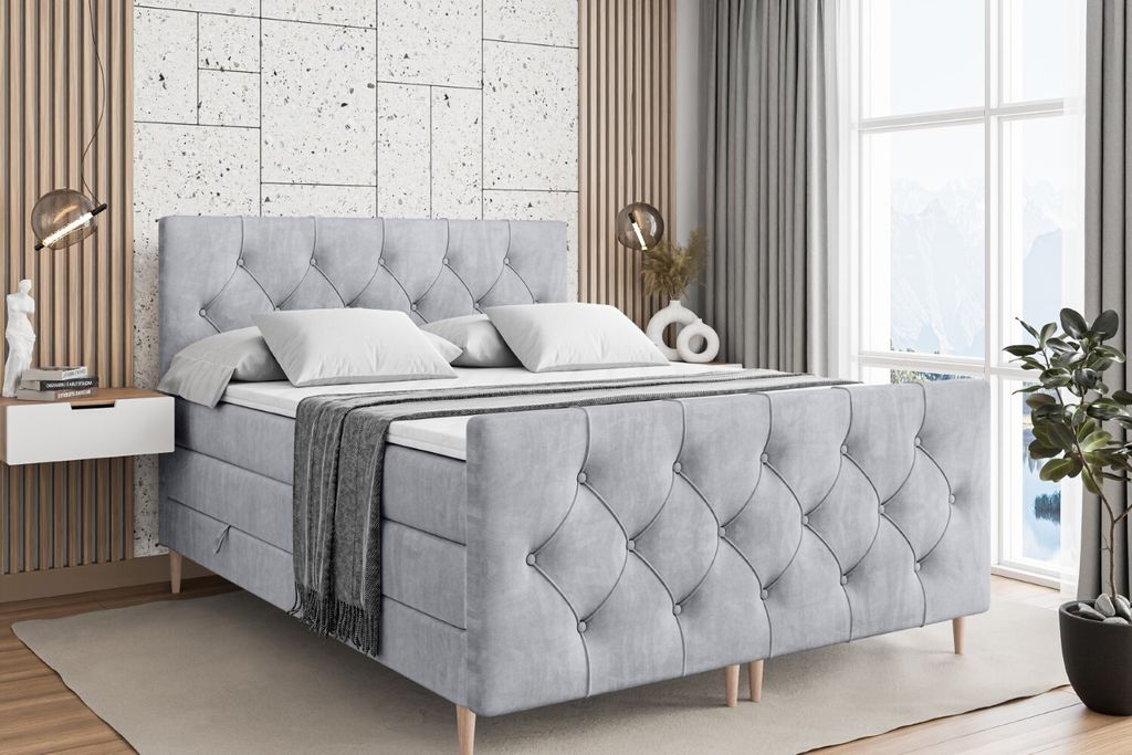 ALTDECOR Boxspringbett mit Holz Füßen, Matratze und Lattenrost, Topper, Fußteil, Polsterbett mit Bettkasten, Bett mit Stauraum H3- und H4- Matra...