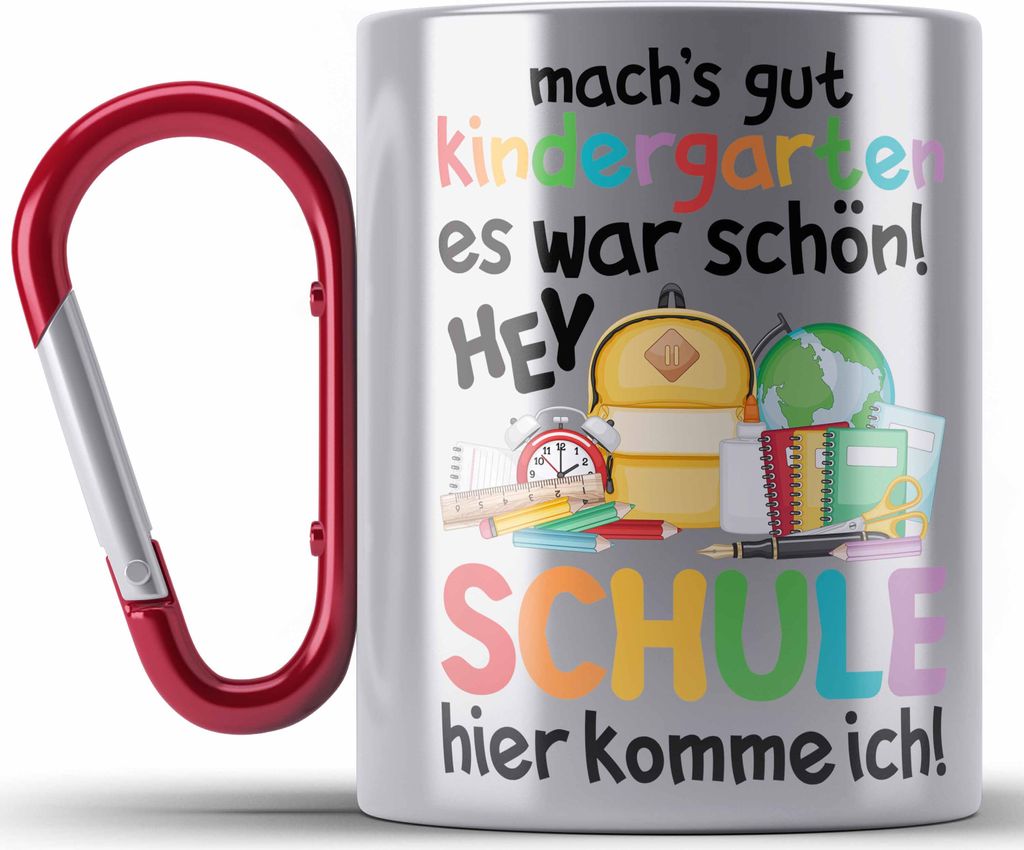 Trendation - Schulkind 2023 Einschulung Mädchen Junge Geschenk Schultüte Edelstahl Tasse Karabiner Schulstart Erster Schultag Schuleinführung Sc...