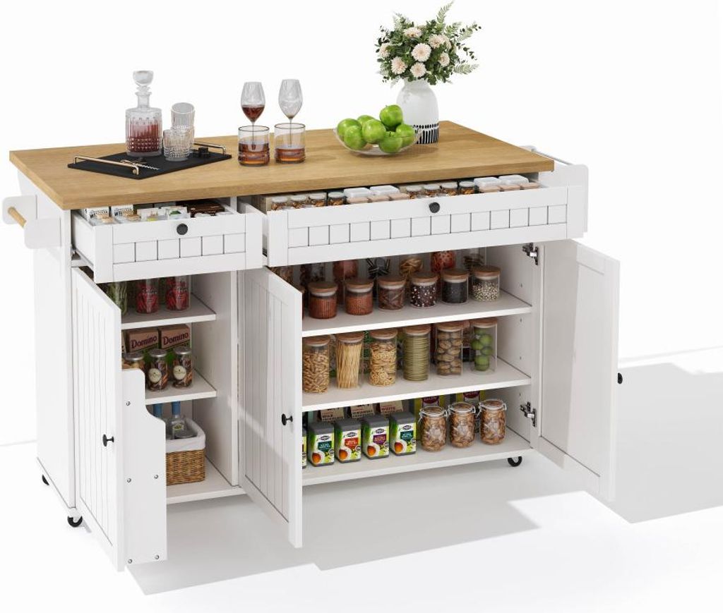 AIORBER Kücheninsel auf Rollen, klappbare Arbeitsplatte, 2 Schubladen, Regal, Tür, groß, mobil, Schwarz/Weiß, 137×89,5×45 cm