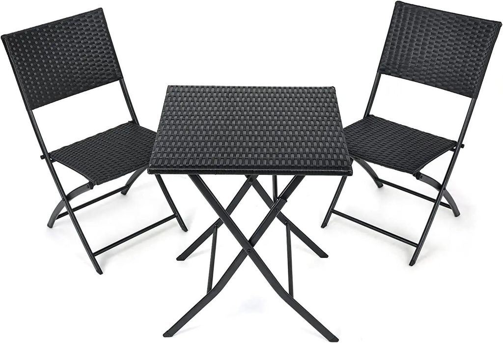 3-tlg. Outdoor Balkon Set - Klapptisch mit 2 Stühlen - Polyrattan - 60 x 60 x 72 cm - Für Garten Balkon Camping - Schwarz