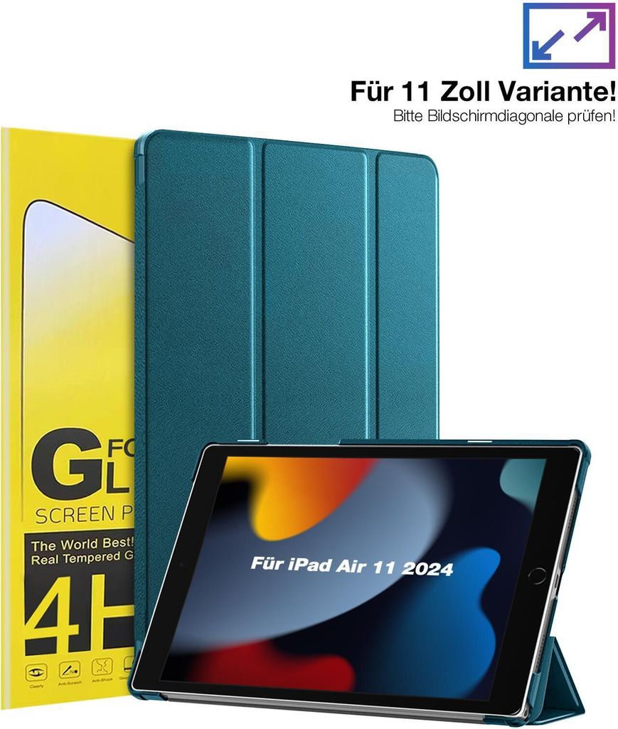 Schutzhülle + 2x 4H Displayfolie für Apple iPad Air 6. Gen 11.0 Zoll Cover Case Schutz Tablet Farbe: Blaugrün