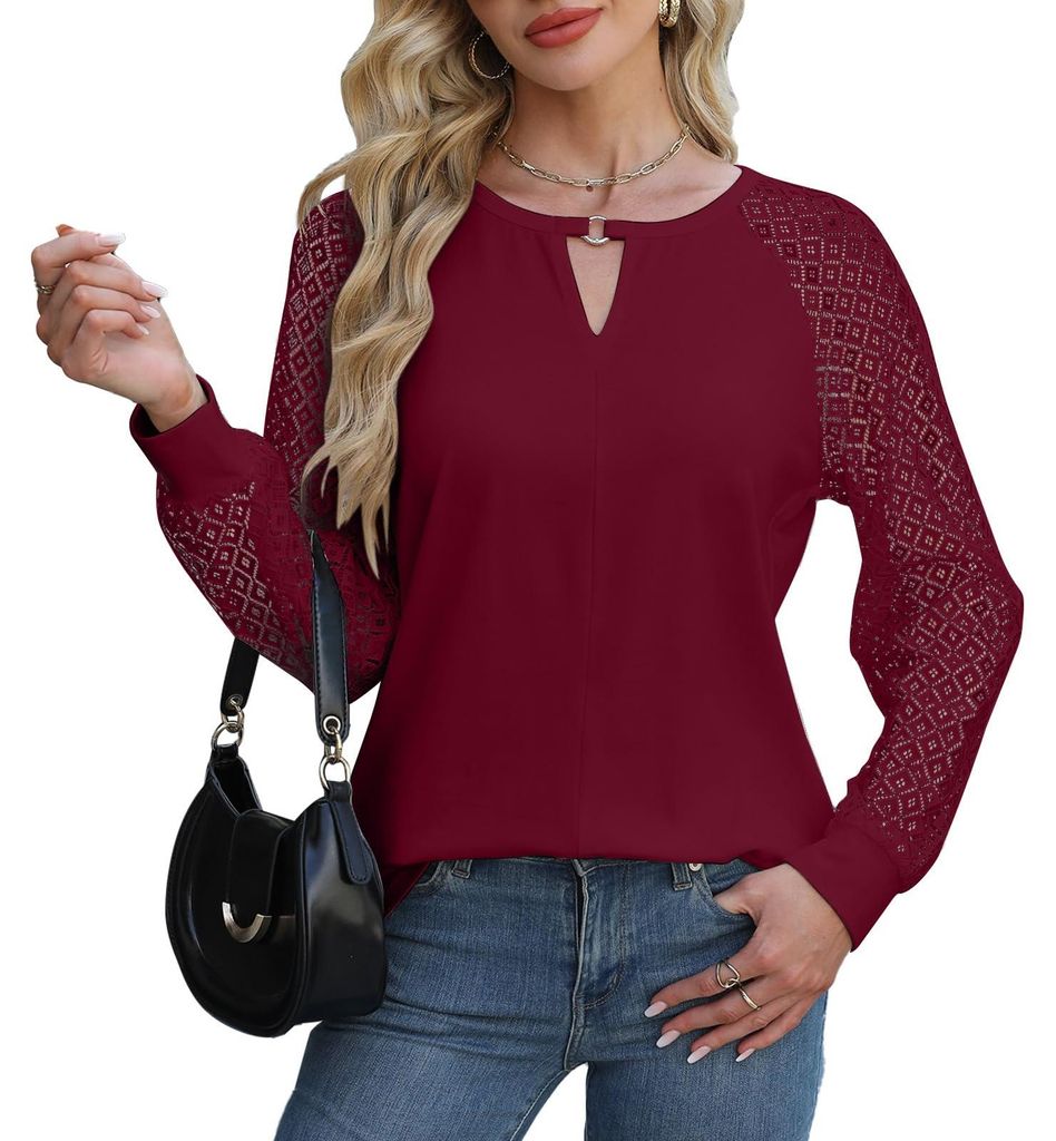Damenbluse Langarm Spitze Elegant Bordeaux M Produktbild 
