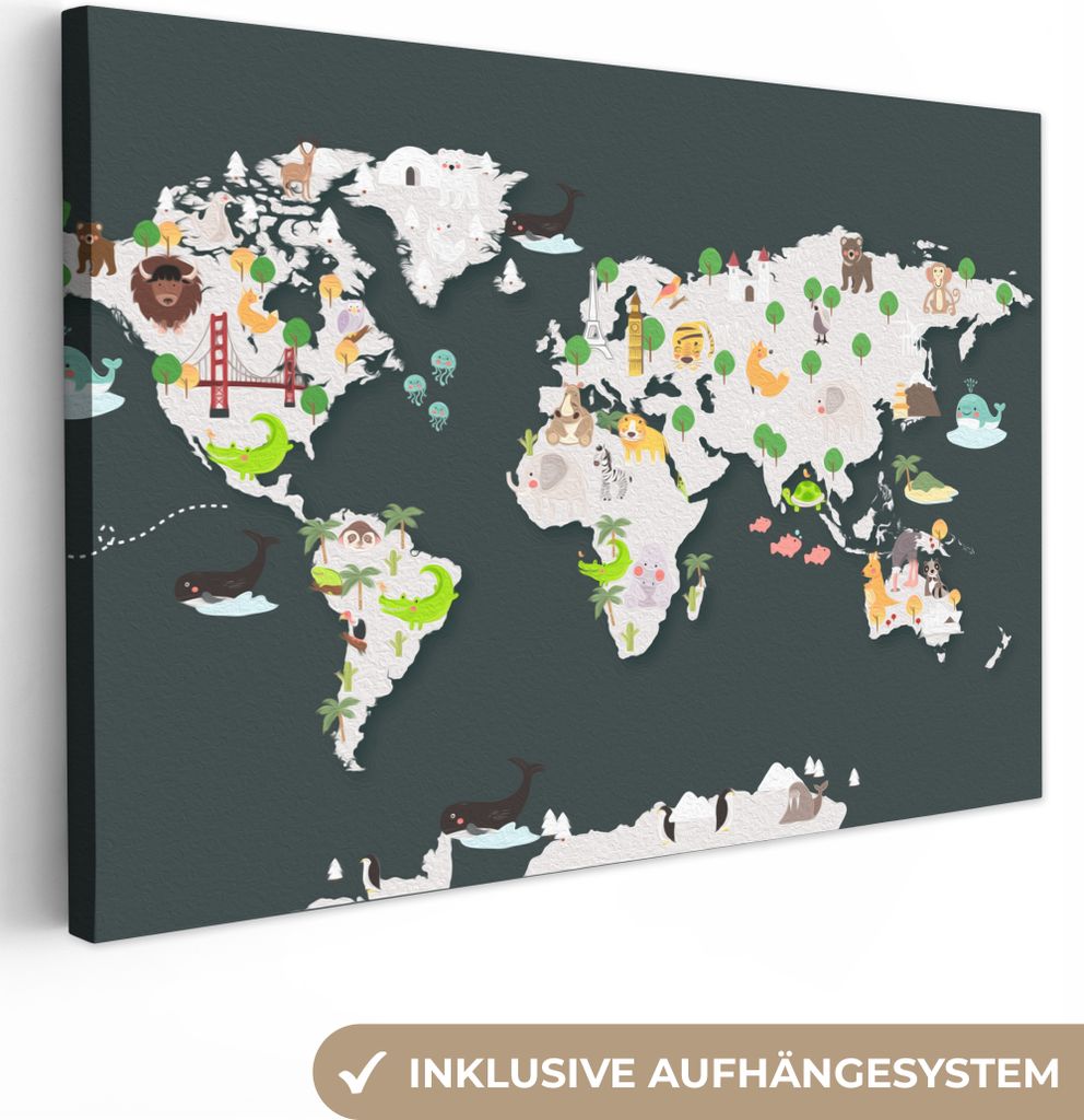 OneMillionCanvasses - Leinwandbilder - 150x100 cm, Weltkarte - Kinder - Tiere, Wandbilder Kunstdruck Wanddekoration