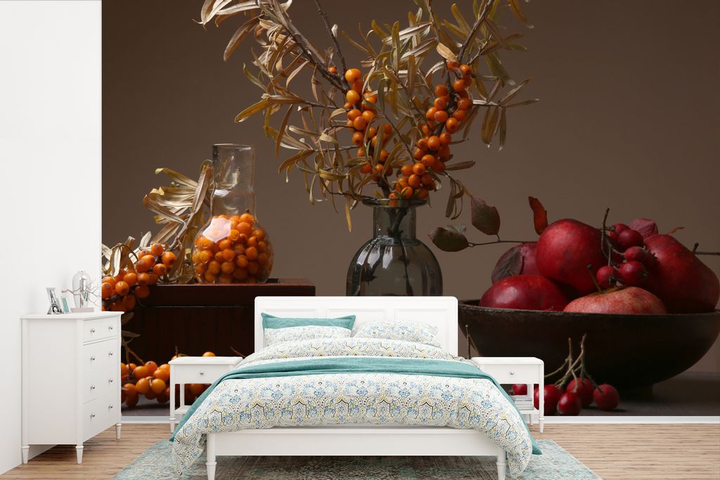 MuchoWow Fototapete für Wohnzimmer oder Schlafzimmer Wandtapete Vinyl Motivtapete Obst - Vase - Stilleben - 390x260 cm - Papiertapete