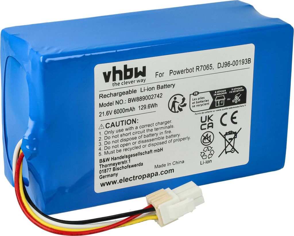 vhbw Akku kompatibel mit Samsung Powerbot VR1AM7040WG/AA, VR1AM7040W9/AA, VR1AM7010UW/AA Staubsauger (6000 mAh, 21,6 V, Li-Ion, ohne Gehäuse)