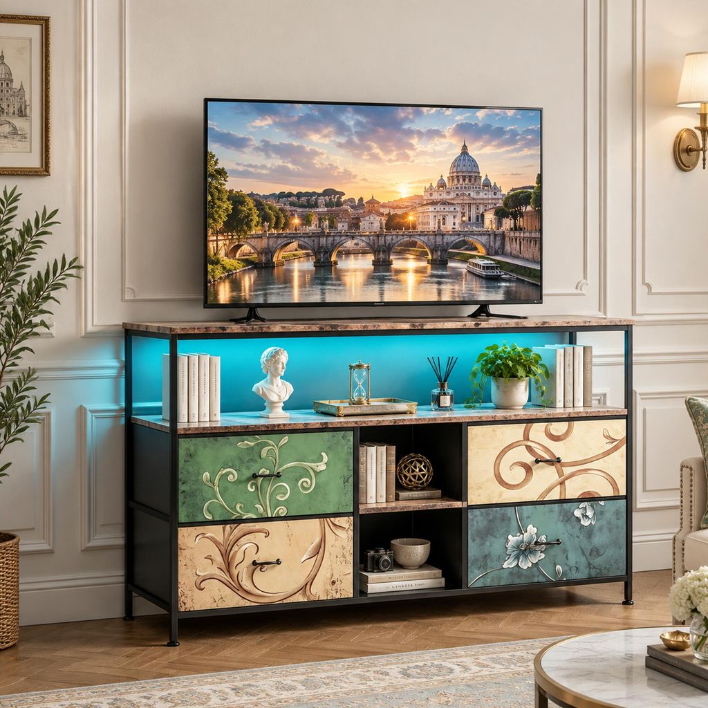 Mobile TV INONEFT con 4 cassetti in tessuto e illuminazione Immagine del prodotto 