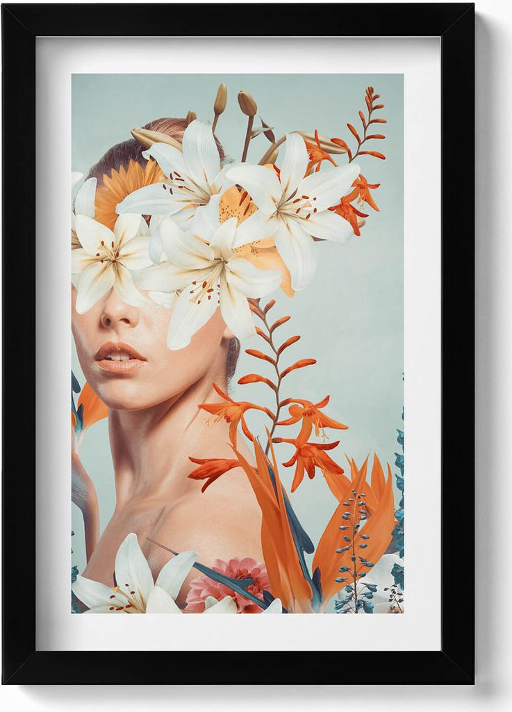 Abstrakte Frau mit Blumen– Wandbild mit Rahmen – Gerahmtes Bild – Wanddekoration – 20x30 cm – Schwarz