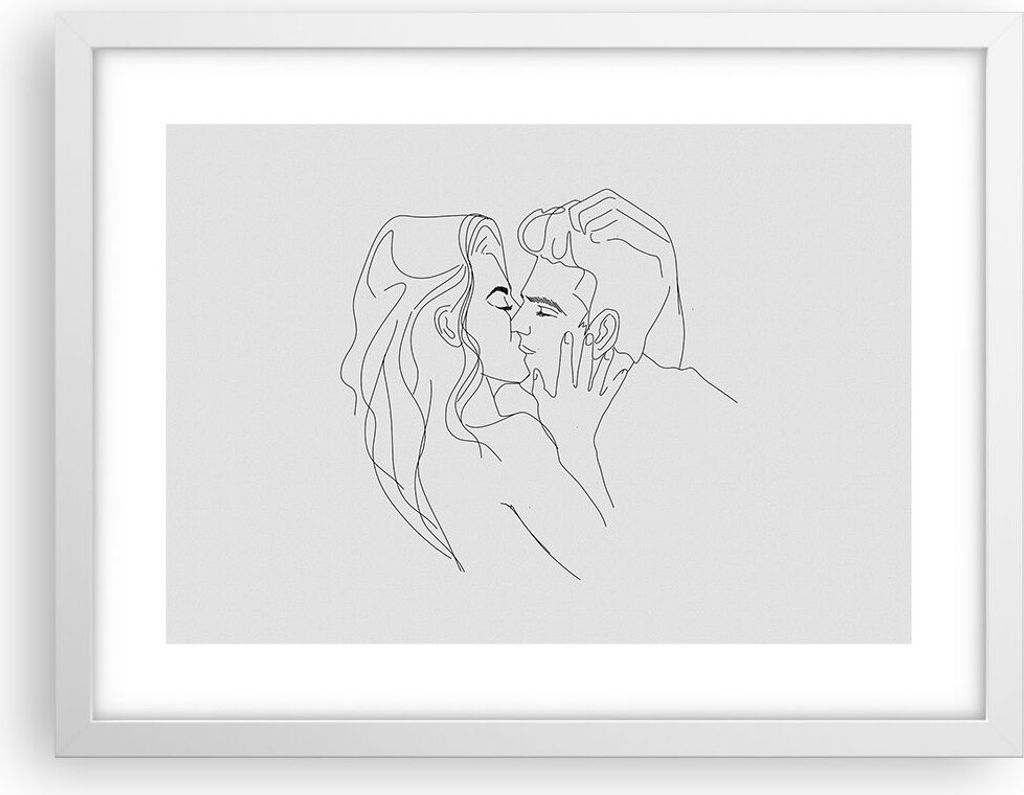 Gerahmtes Poster - Weißer Rahmen - Kuss Paar Skizze - 40x30 cm - Wand Bild - Wanddeko - Wandbilder - Kunstposter - Wandposter - Bilderrahmen - Bil...