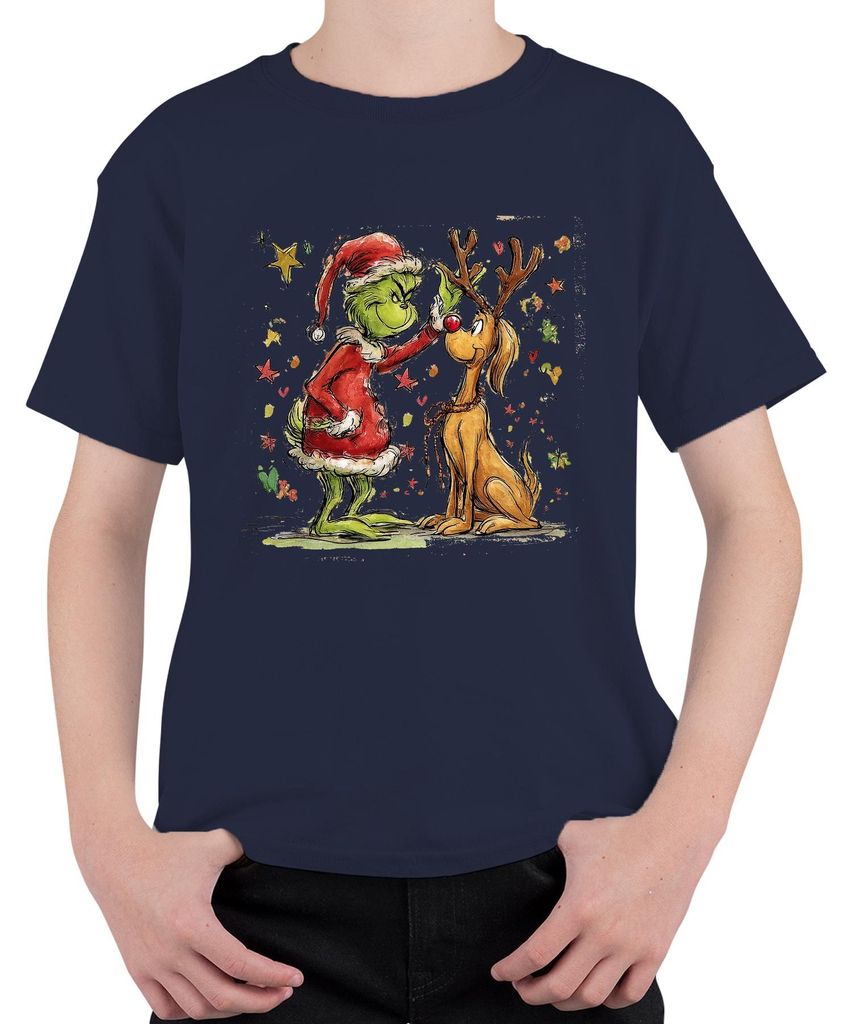 Grinch Max Hund Weihnachten Rentier lustig Geschenk Anti-Weihnachten Uni Kinder T-Shirt, Navy, 128