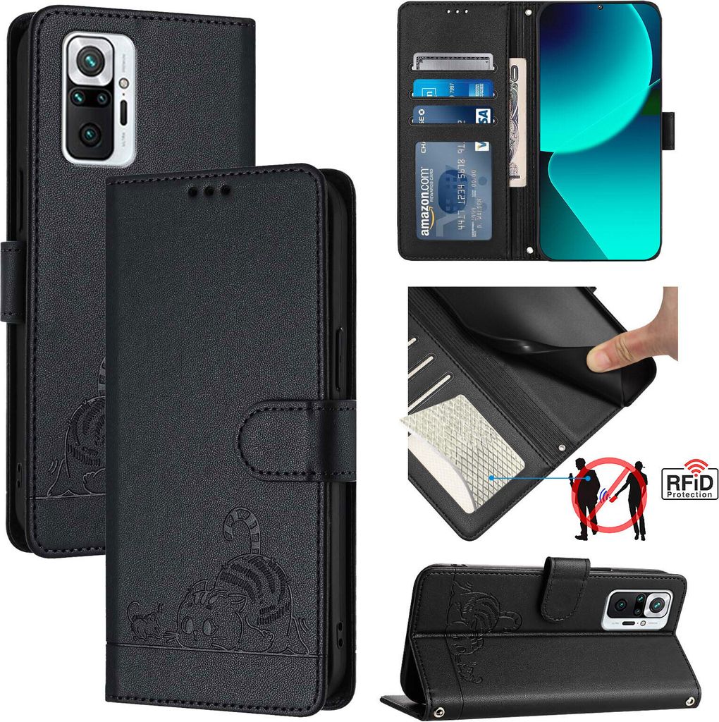 Leder Hülle für Xiaomi Redmi Note 10 Pro/Note 10 Pro Max Süße Katze Flip Case Brieftasche Schutzhülle mit Standfunktion Schwarz