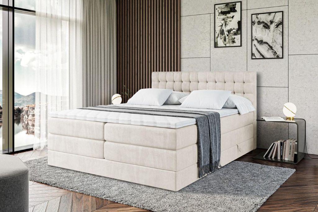 ALTDECOR Boxspringbett mit Matratze und Lattenrost - VIONE KING - 160x200 cm - Beige Samt - Topper, Polsterbett mit Bettkasten, Bett mit Stauraum H...