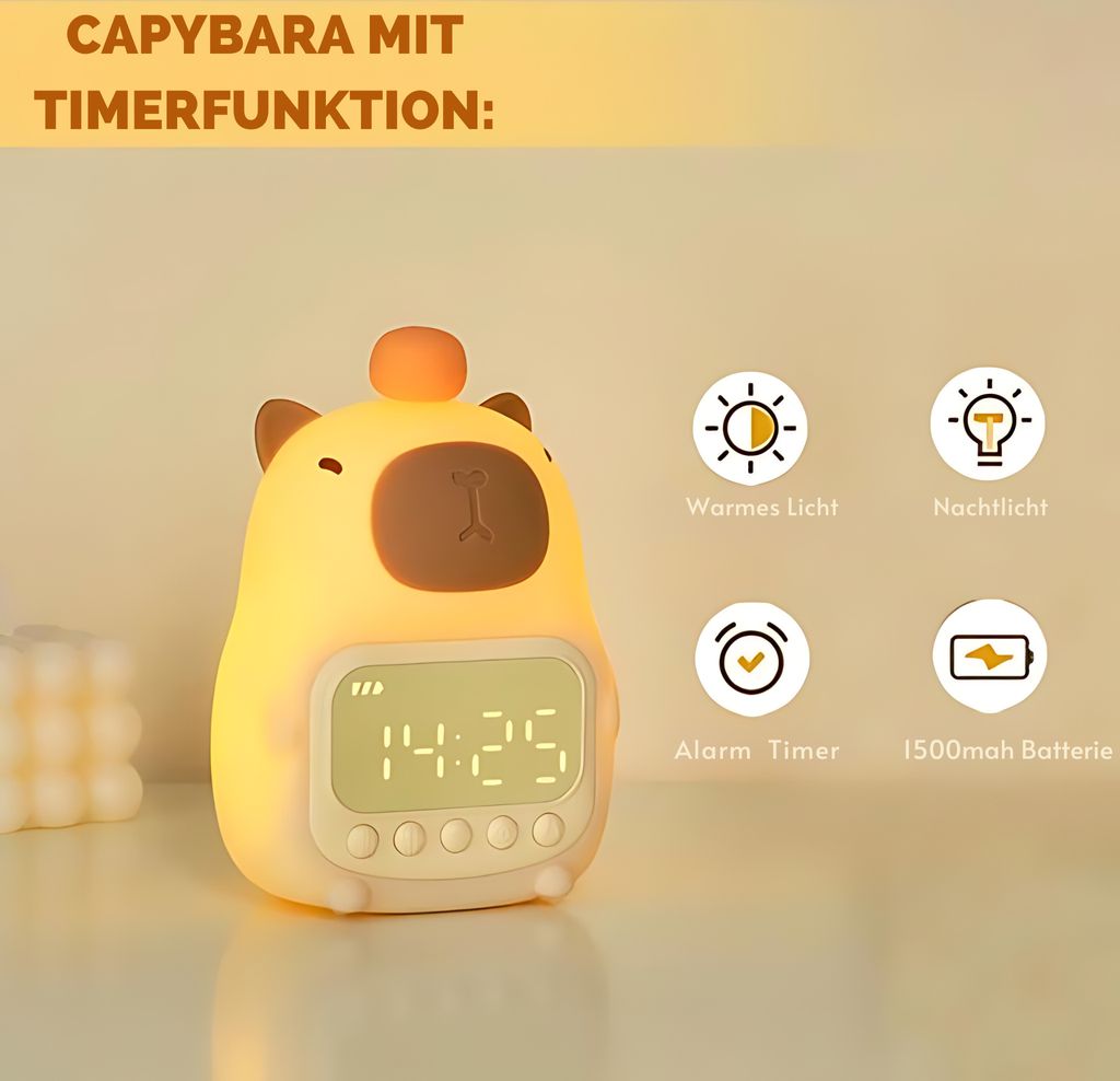LED Nachttischlampe Capybara Lampe. Capybara Nachtlampe Tischlampe, LED fest integriert, RGB, Tageslichtweiß - Version: Capybara mit Uhr