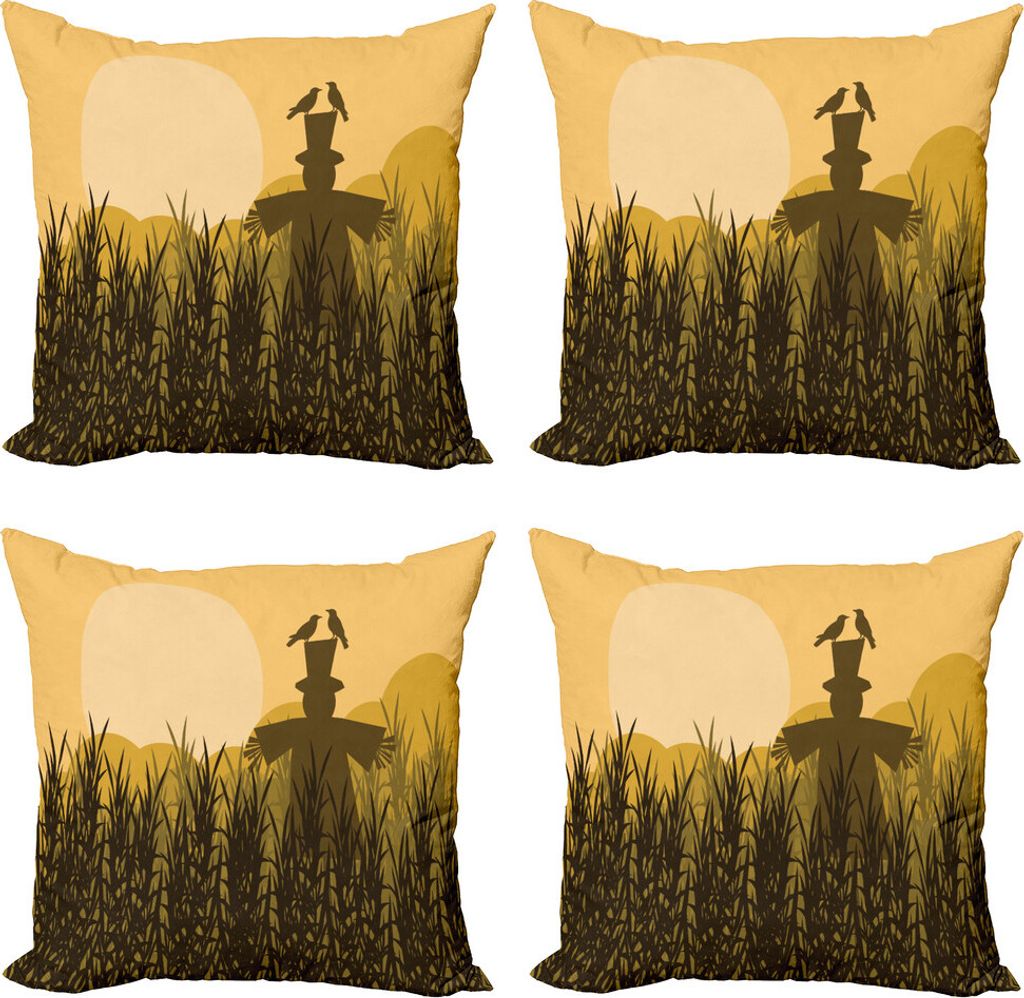 ABAKUHAUS Vogelscheuche Kissenbezug Set (4 Stück), Mais-Feld, Moderner Doppelseitiger Digitaldruck, 40 cm x 40 cm, Senf Grün Braun