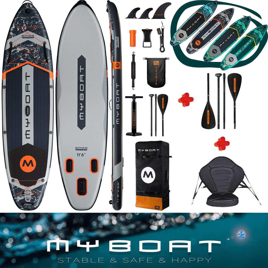 Komplettset Kajak Touring SUP Board Set mit 5 cm hohem stabilem Sitz, zweite 4-teiligem Paddel, MyBoat Bass Hunter 2 Personen Paddling Kayak Kanu Boot