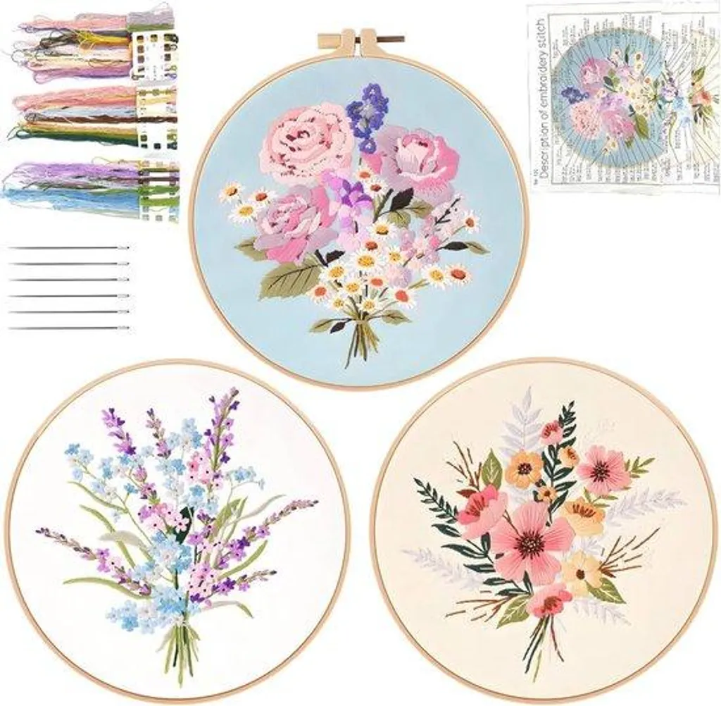 Kit de broderie pour adultes débutants - 3 sets complets motif floral