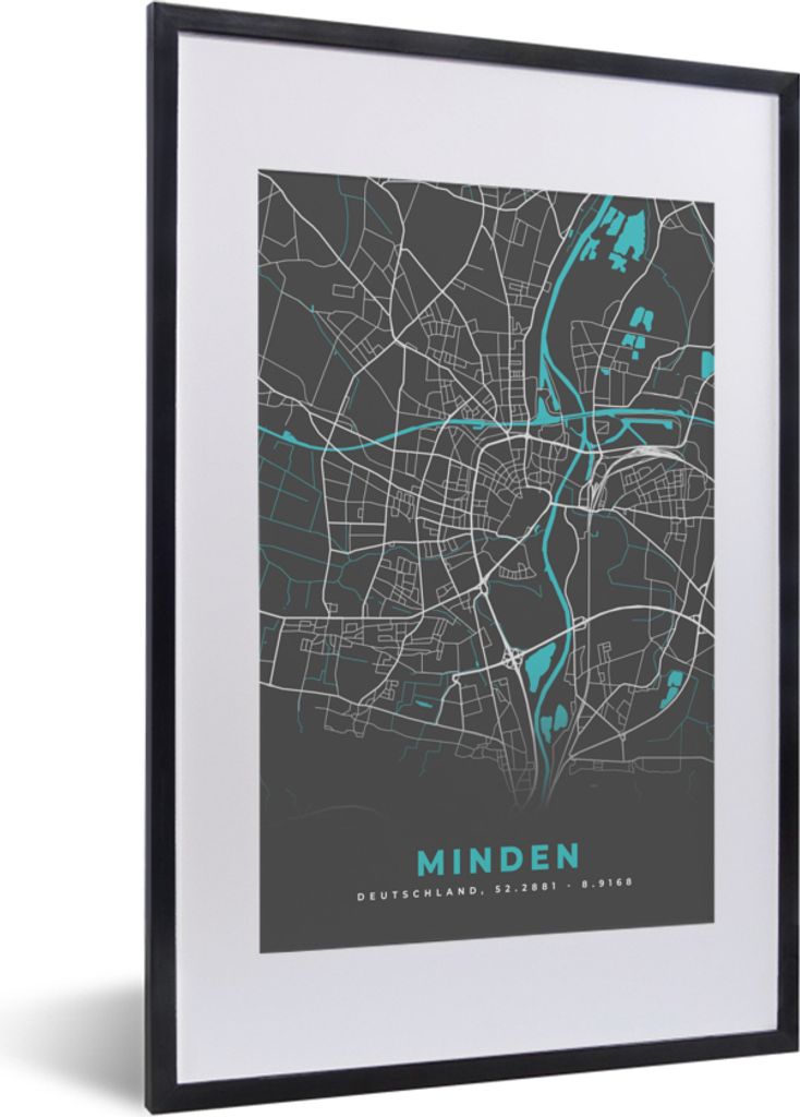 MuchoWow Gerahmtes Poster Stadtplan - Karte - Minden - Blau - Deutschland - Karte 40x60 cm - Poster mit Schwarzem Bilderrahmen Wandposter Rahmen ...