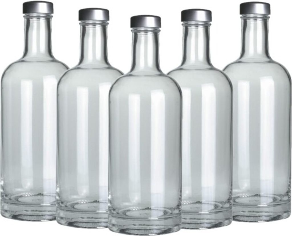 BELLEROFONTE Transparent Glasflasche Modell VAND für Wasser 750 ml mit silbernem Verschluss, 5 Stücke