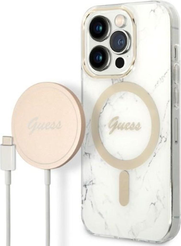 Guess GUBPP14LHMEACSH Hülle + Ladegerät Set iPhone 14 Pro 6,1" weiß/weiße Hartschale Marble MagSafe Schutzhülle