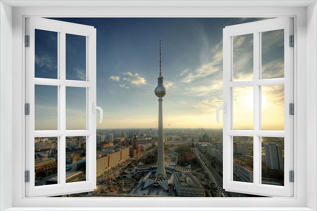 Wallario Wandbild aus Acryl, 60 x 90 cm, freischwebende Optik - Fernsehturm Berlin mit Panoramablick über die Stadt mit Fenster-Illusion