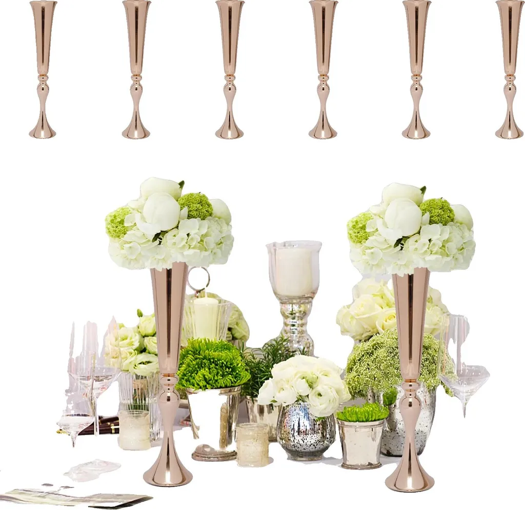 Vase décoratif doré à pied haut en métal robuste pour bouquet de luxe