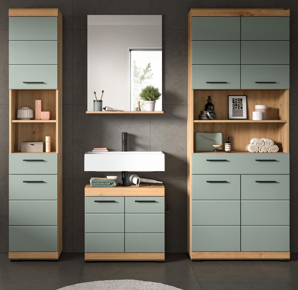 Badmöbel Set 4-teilig "Shawn" in Salbei und Artisan Eiche Badkombination 200 x 191 cm